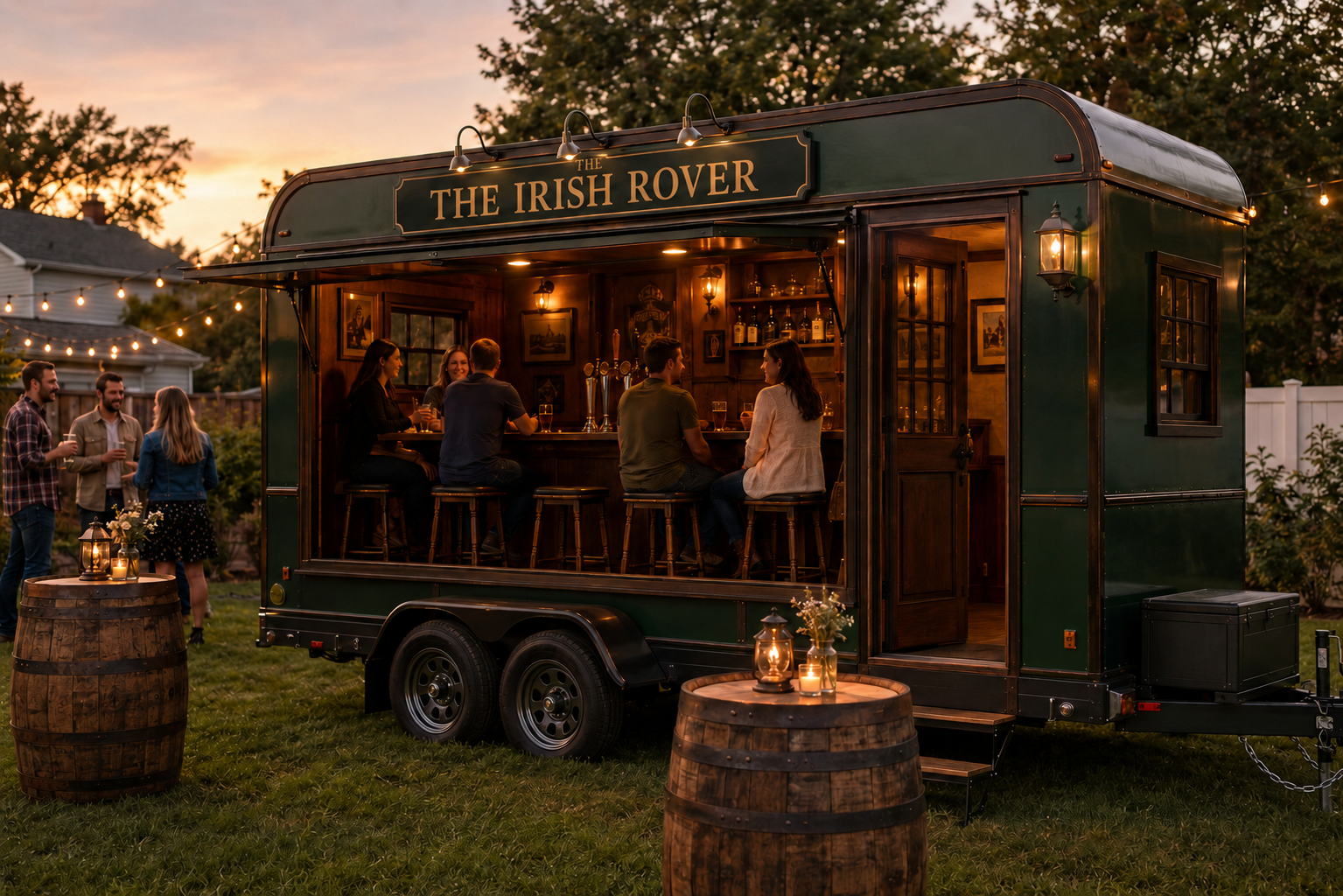 Concept rendering of The Irish Rover mobile pub open at a backyard gathering